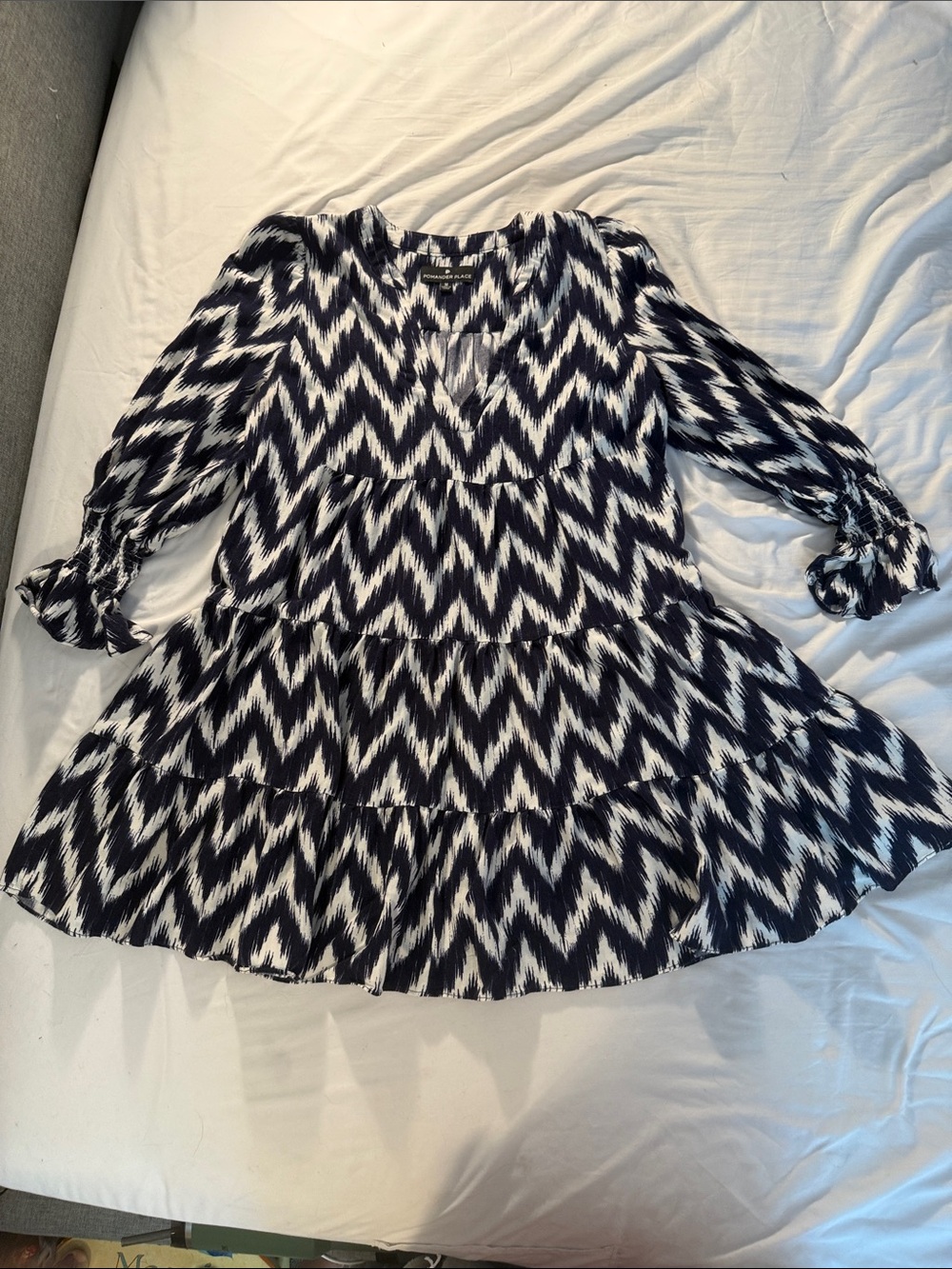 Pomander Place Navy and White Zigzag Tiered Mini Dress